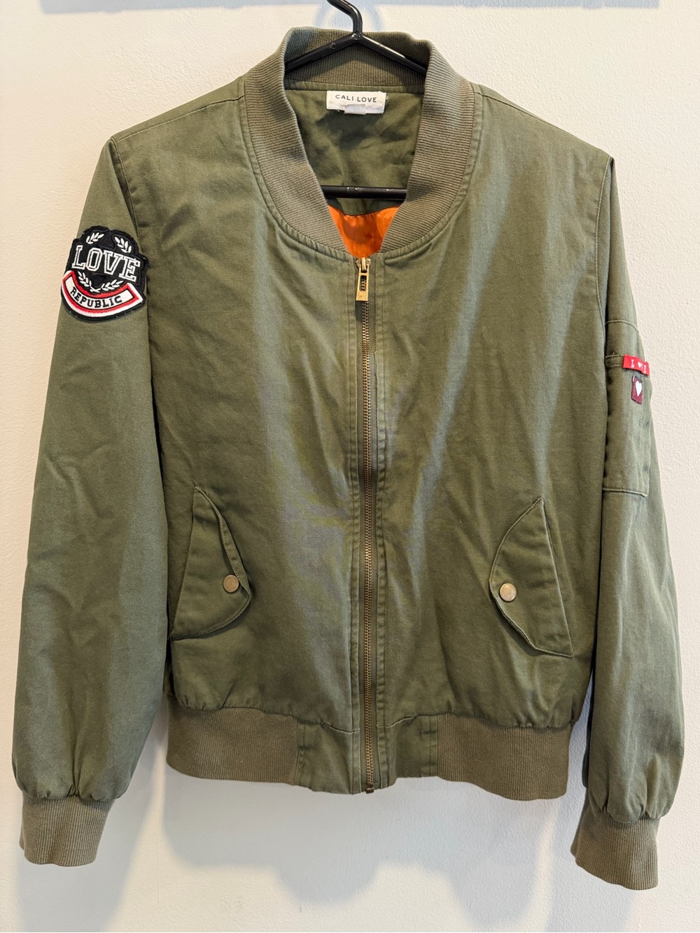 Cali Love Olive Green Bomber Jacket with Patches Size Large